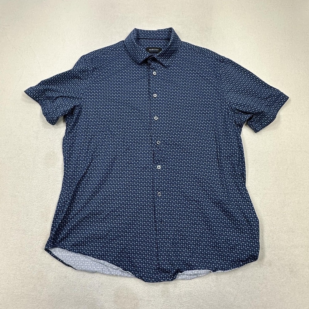Bugatchi OoohCotton Tech Shirt Mens XL Navy 8-Way Stretch Palm Tree Button Up